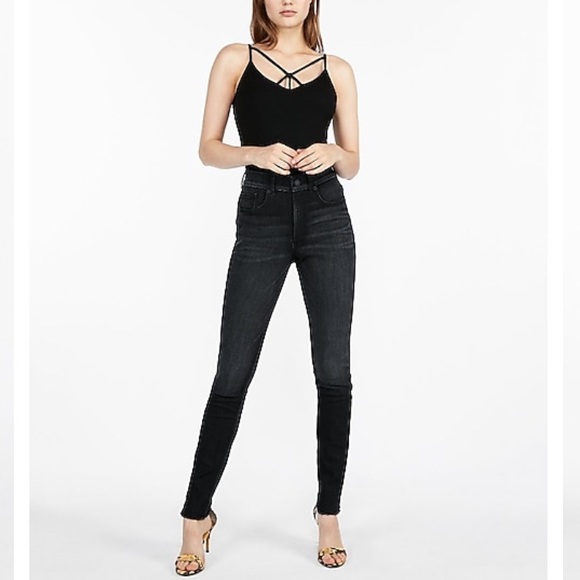 High Waist Denim Perfect Raw Hem Jean Leggings - Picture 2 of 8